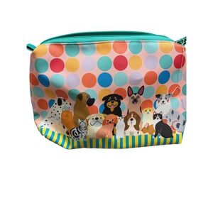 Stella & Max Women Cosmetic Bag Teal Dogs Cats Polka Dot Makeup Pouch